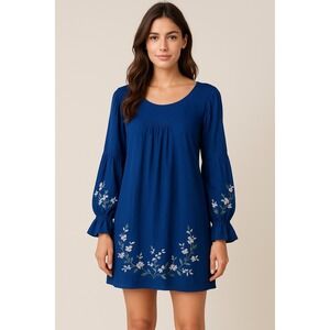 Roller‎ Rabbit blue floral embroidered long sleeves tunic dress XS boho summer